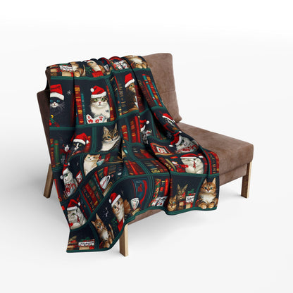 Cute Christmas Cat and Books Minky Blanket Cat Lover Sherpa Fleece Blanket Christmas Cat Mama Blanket Christmas Blanket Bookworm Blanket