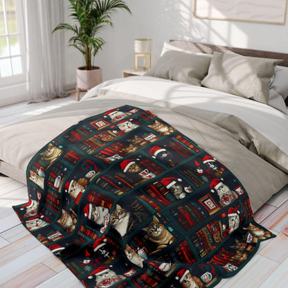 Cute Christmas Cat and Books Minky Blanket Cat Lover Sherpa Fleece Blanket Christmas Cat Mama Blanket Christmas Blanket Bookworm Blanket