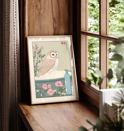 Owl in Bathtub Ukiyo-e Print: Japandi Bathroom Art