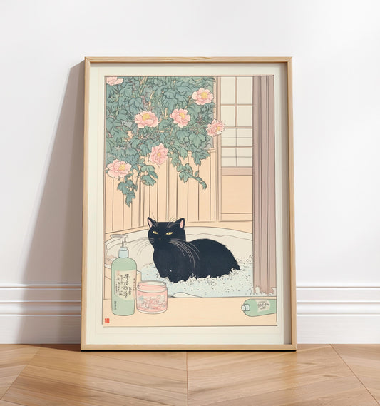 Japanese Black Cat in Bathtub Wall Art: Ukiyo-e Style Bathroom Print