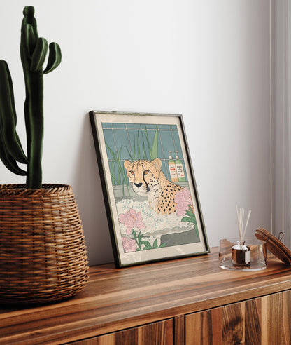 Cheetah in Bathtub Art Print: Japanese Ukiyo-e Style Bathroom Decor