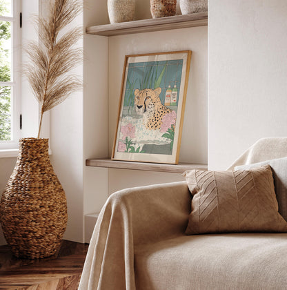 Cheetah in Bathtub Art Print: Japanese Ukiyo-e Style Bathroom Decor