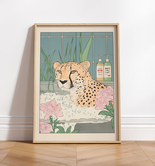 Cheetah in Bathtub Art Print: Japanese Ukiyo-e Style Bathroom Decor