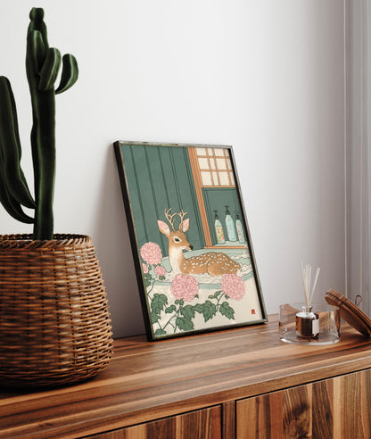 Deer in Bathtub Ukiyo-e Print: Japandi Bathroom Wall Art