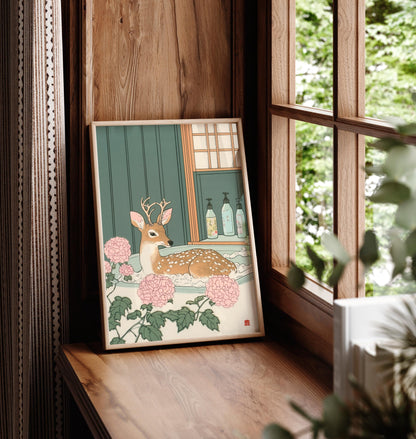 Deer in Bathtub Ukiyo-e Print: Japandi Bathroom Wall Art