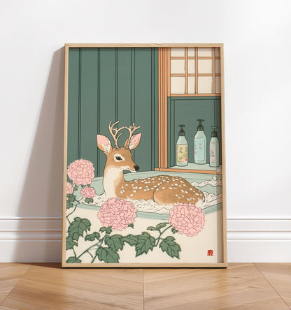 Deer in Bathtub Ukiyo-e Print: Japandi Bathroom Wall Art