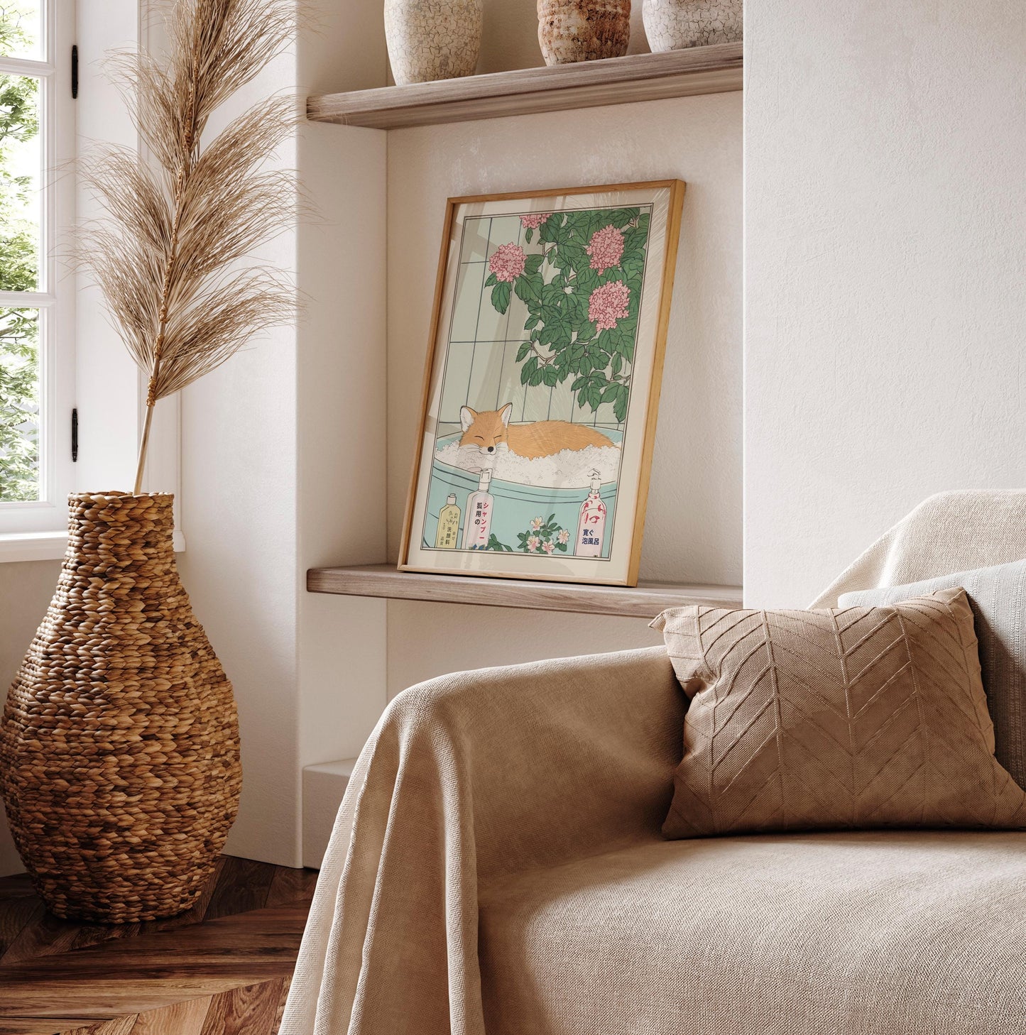 Fox in Bathtub Art Print: Japanese Ukiyo-e Style Bathroom Decor