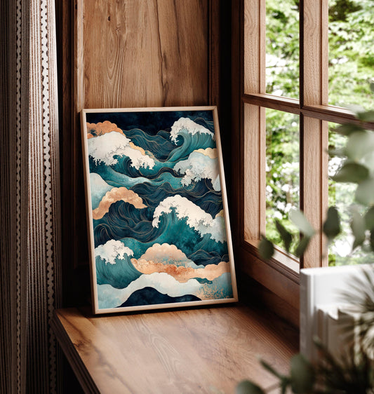 Japanese Ocean Wave Print: Ukiyo-e Style Japandi Art