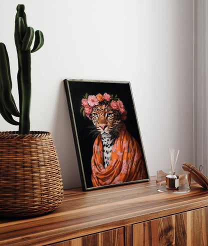 Boho Leopard Art Print: Floral Crown, Bold Animal Portrait