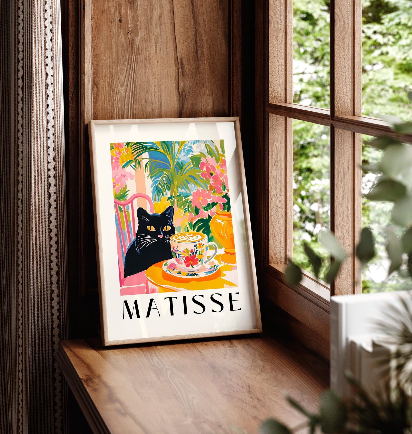 Black Cat Drinking Coffee: Funny Matisse Style Kitchen Art Print