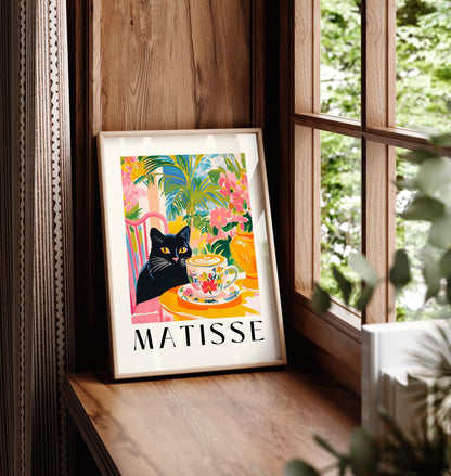 Black Cat Drinking Coffee: Funny Matisse Style Kitchen Art Print