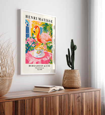 Flamingo Drinking Coffee Art Print: Henri Matisse Style Kitchen Decor
