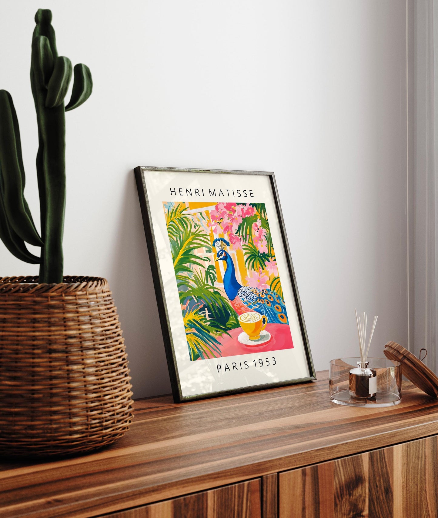 Peacock Coffee Print: Matisse Style Bird Art, Pink Kitchen Decor
