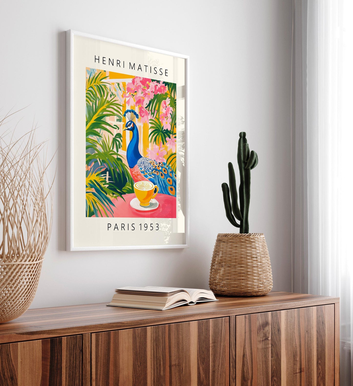Peacock Coffee Print: Matisse Style Bird Art, Pink Kitchen Decor