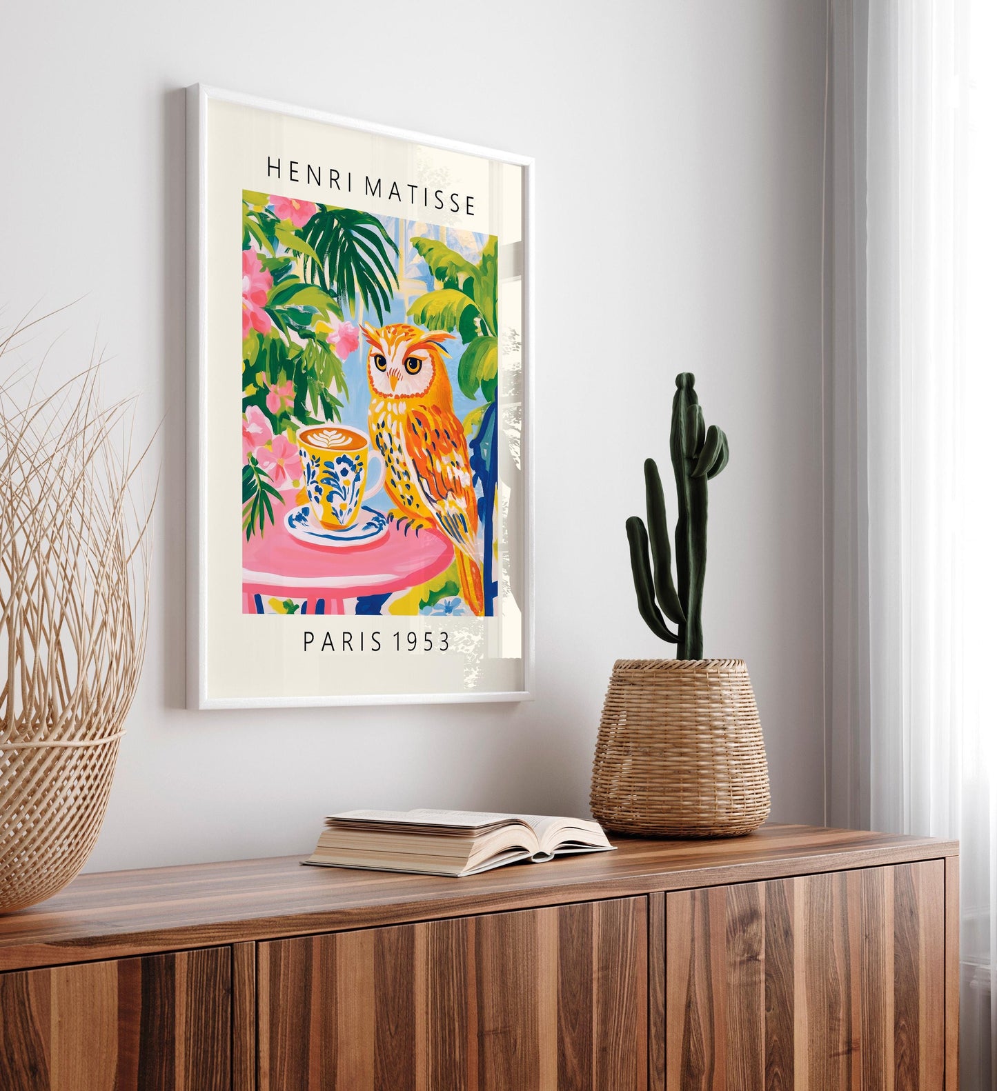 Owl Drinking Coffee Art Print: Matisse Style Kitchen Decor