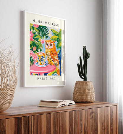 Owl Drinking Coffee Art Print: Matisse Style Kitchen Decor