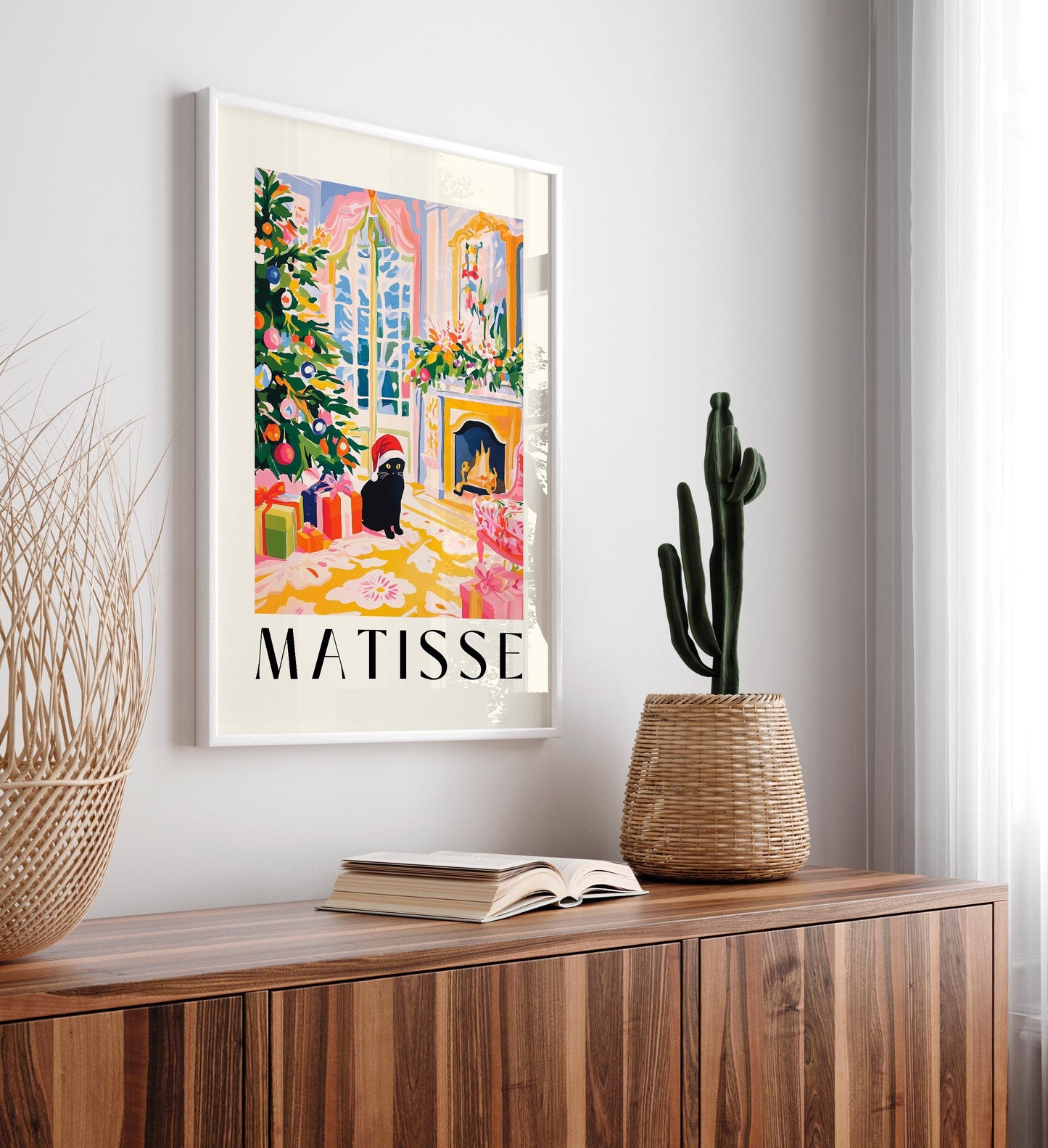 Matisse Christmas Print: Black Cat in Santa Hat Art
