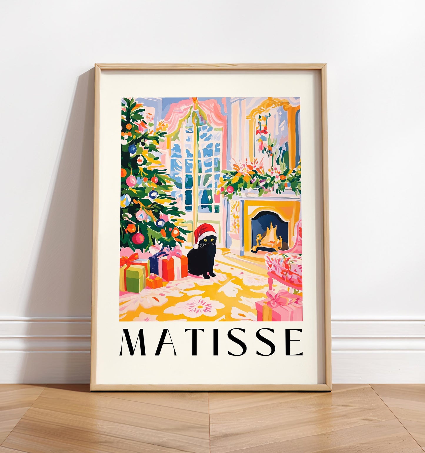 Matisse Christmas Print: Black Cat in Santa Hat Art