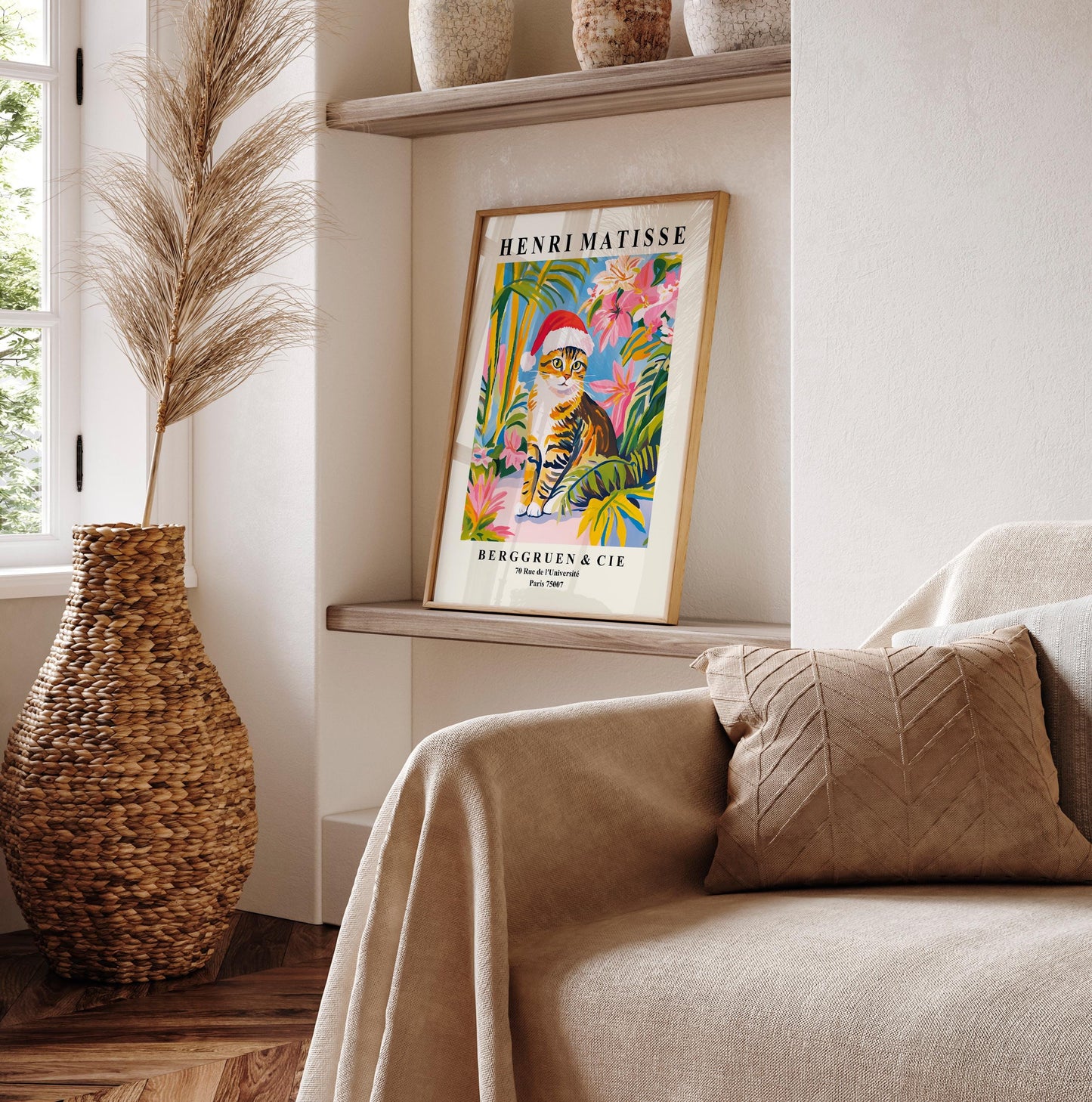 Matisse Cat Print: Grey Tabby in Santa Hat, Christmas Decor