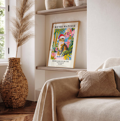 Matisse Cat Print: Grey Tabby in Santa Hat, Christmas Decor