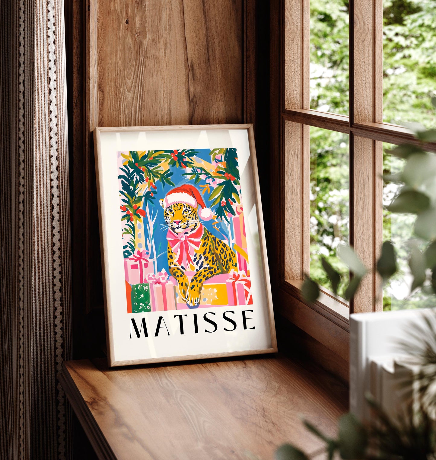 Matisse Style Leopard Christmas Print: Funny Santa Hat Wall Art