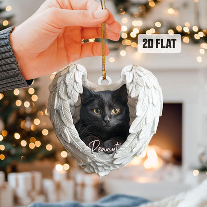 Personalized Black Cat 2D Flat Ornament, Custom Cat Christmas Memorial Ornament, Cat With Angel Wings Ornament, Cat Mom, Cat Memorial Gifts