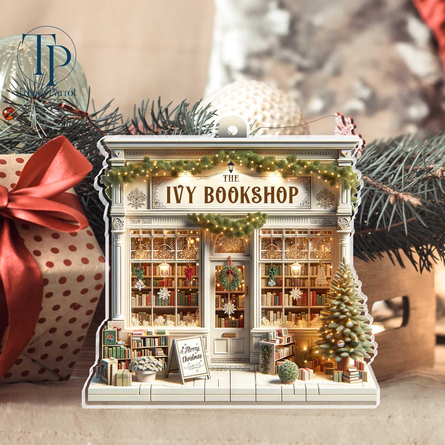 Personalized Book Store Acrylic 2D Flat Ornament Not 3D, Custom Name Bookshop Ornament, Christmas Bookstore Ornament For Book Lovers Gifts