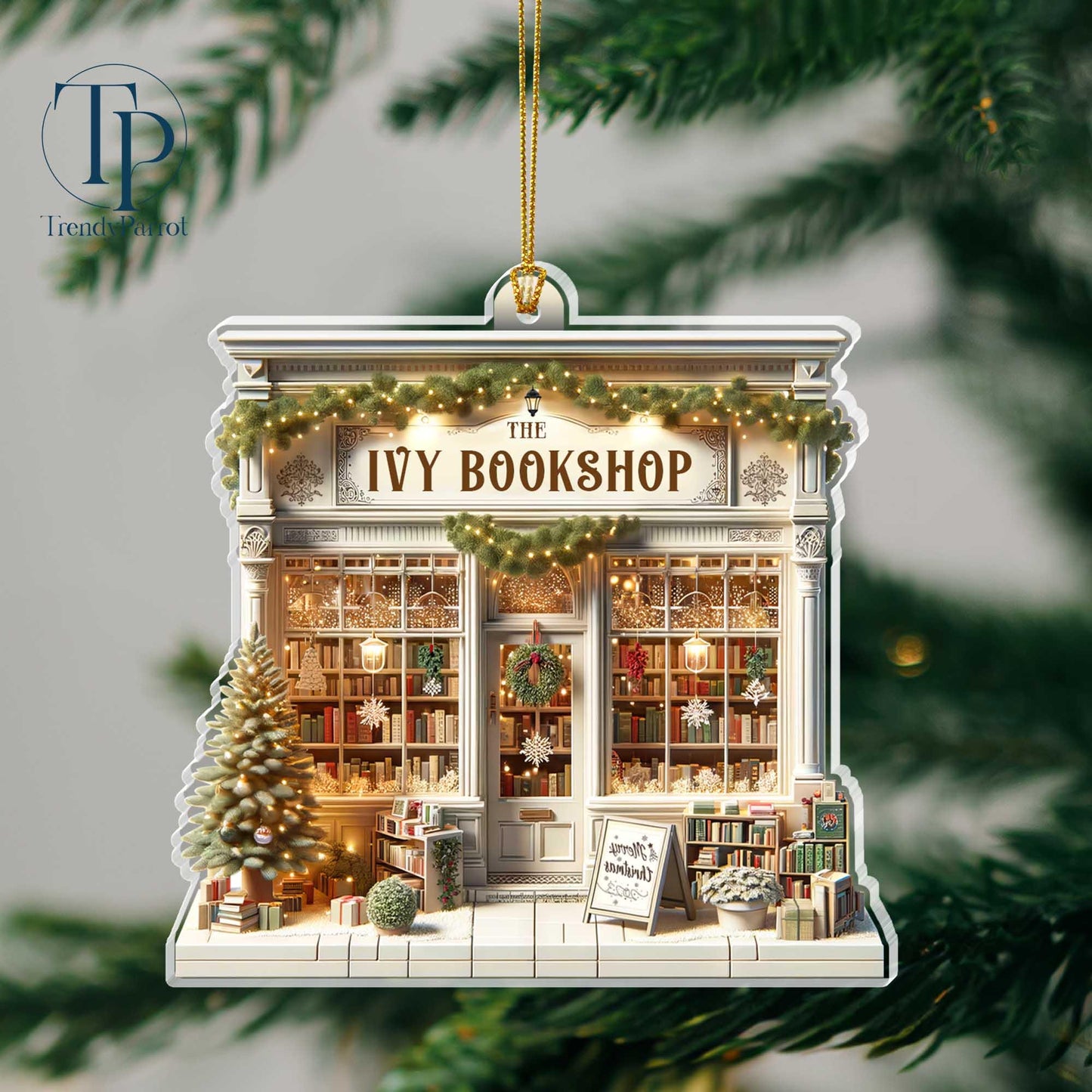 Personalized Book Store Acrylic 2D Flat Ornament Not 3D, Custom Name Bookshop Ornament, Christmas Bookstore Ornament For Book Lovers Gifts