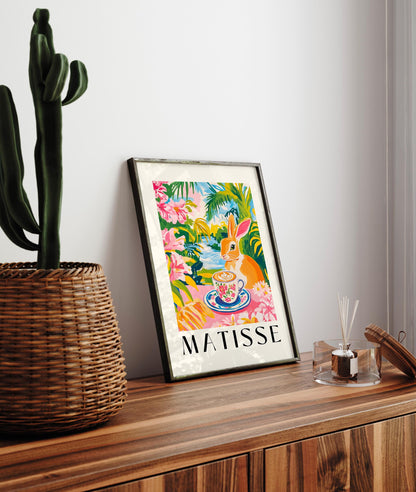 Rabbit Coffee Print: Funny Kitchen Art, Matisse Style