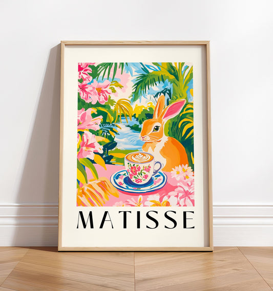 Rabbit Coffee Print: Funny Kitchen Art, Matisse Style