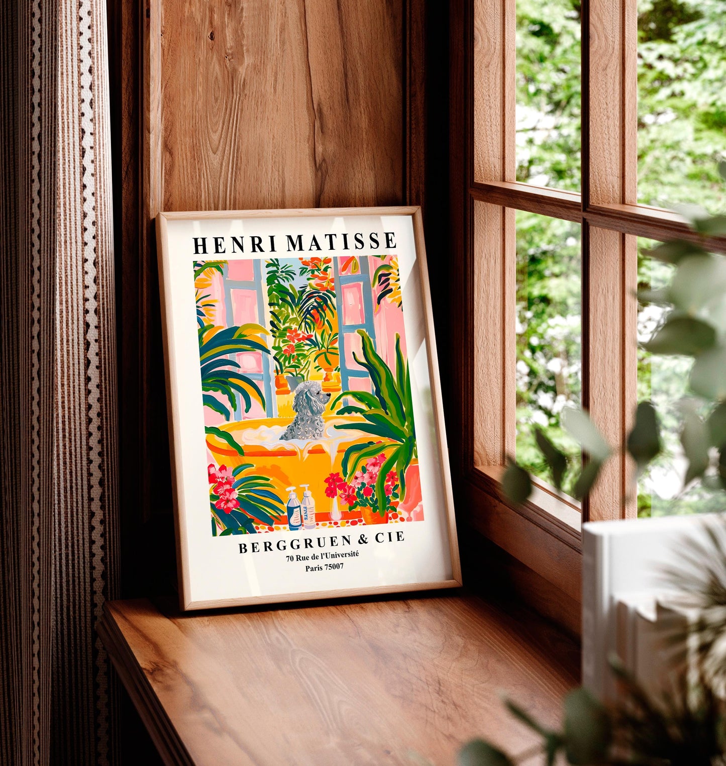 Poodle in Bathtub Art Print: Funny Dog Bathroom Decor, Henri Matisse Style