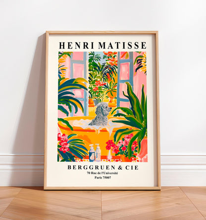 Poodle in Bathtub Art Print: Funny Dog Bathroom Decor, Henri Matisse Style
