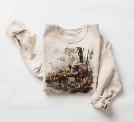 Retro Wild Boar Marshlands Fall Scene Sweatshirt - Nineties 90s Vintage Boar Hunting Outfit - Boho Unisex Crewneck Sweatshirt