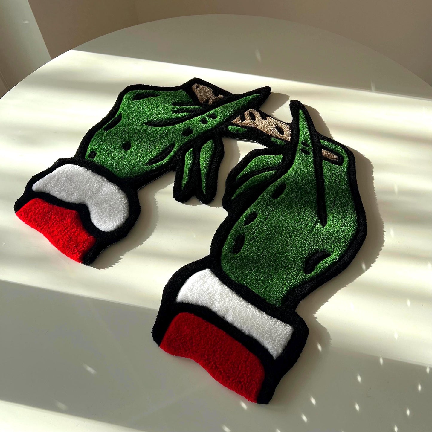 Grinch Christmas Themed Handmade Tufted Rug, Grinch Hands Rolling a Joint Carpet - Unique & Funny Christmas Gift for Friends