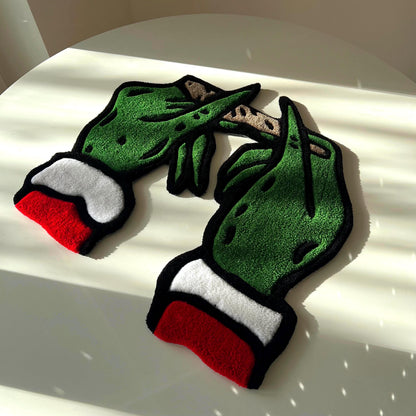 Grinch Christmas Themed Handmade Tufted Rug, Grinch Hands Rolling a Joint Carpet - Unique & Funny Christmas Gift for Friends