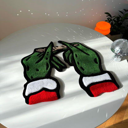 Grinch Christmas Themed Handmade Tufted Rug, Grinch Hands Rolling a Joint Carpet - Unique & Funny Christmas Gift for Friends