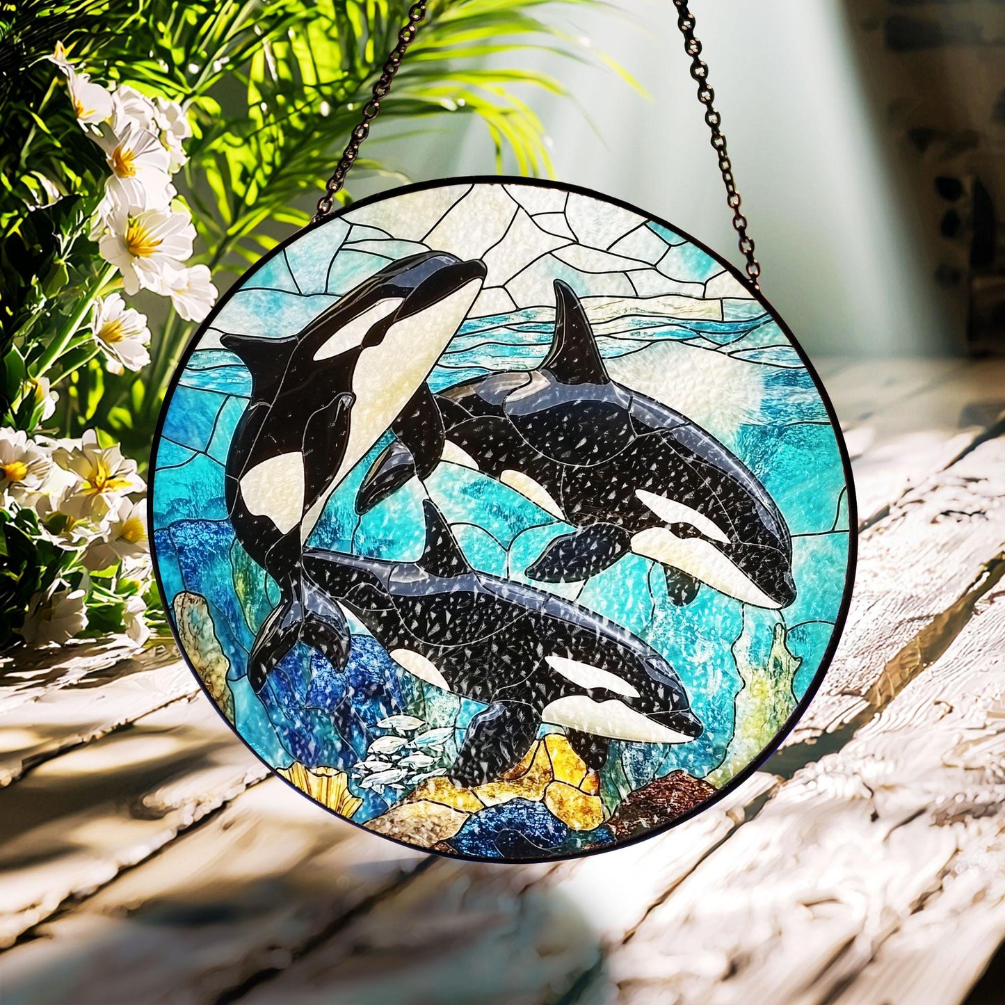 Orca Stained Glass Suncatcher, Killer Whale Suncatcher Ornament, Whale Wall Art Decor, Ocean Lovers Gift, New House Gift, Animal Lover Gift