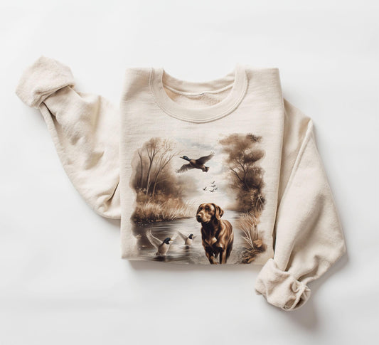 Retro Chocolate Lab Dog & Mallard Ducks Sweatshirt - 90s Vintage Labrador Retriever Hunting Duck Outfit - Boho Unisex Crewneck Sweatshirt