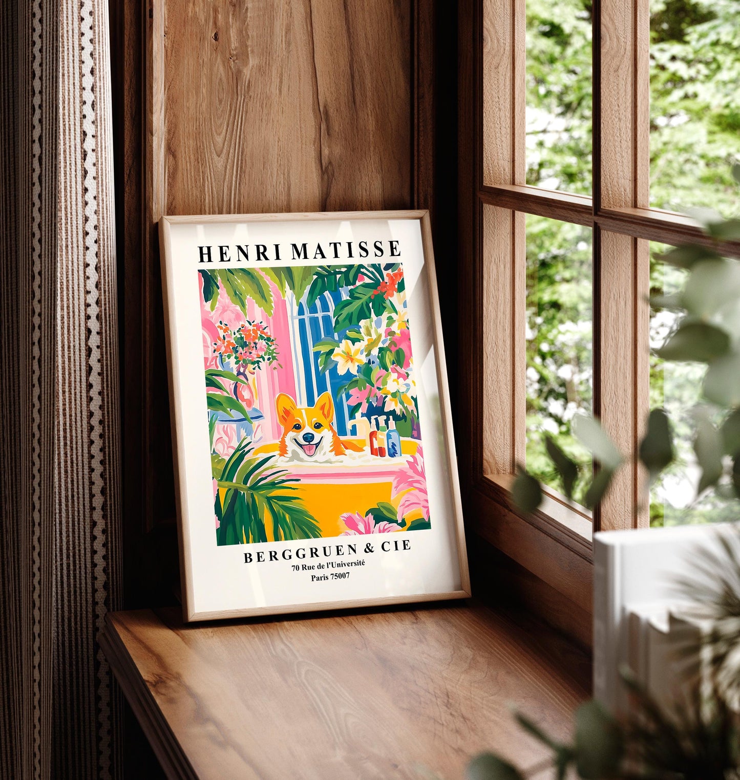 Matisse Corgi Art Print: Funny Dog in Bathtub, Tropical Bathroom Decor