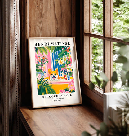 Matisse Corgi Art Print: Funny Dog in Bathtub, Tropical Bathroom Decor