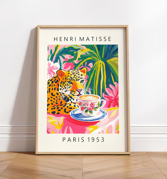 Leopard Drinking Coffee Art Print: Henri Matisse Style Kitchen Decor