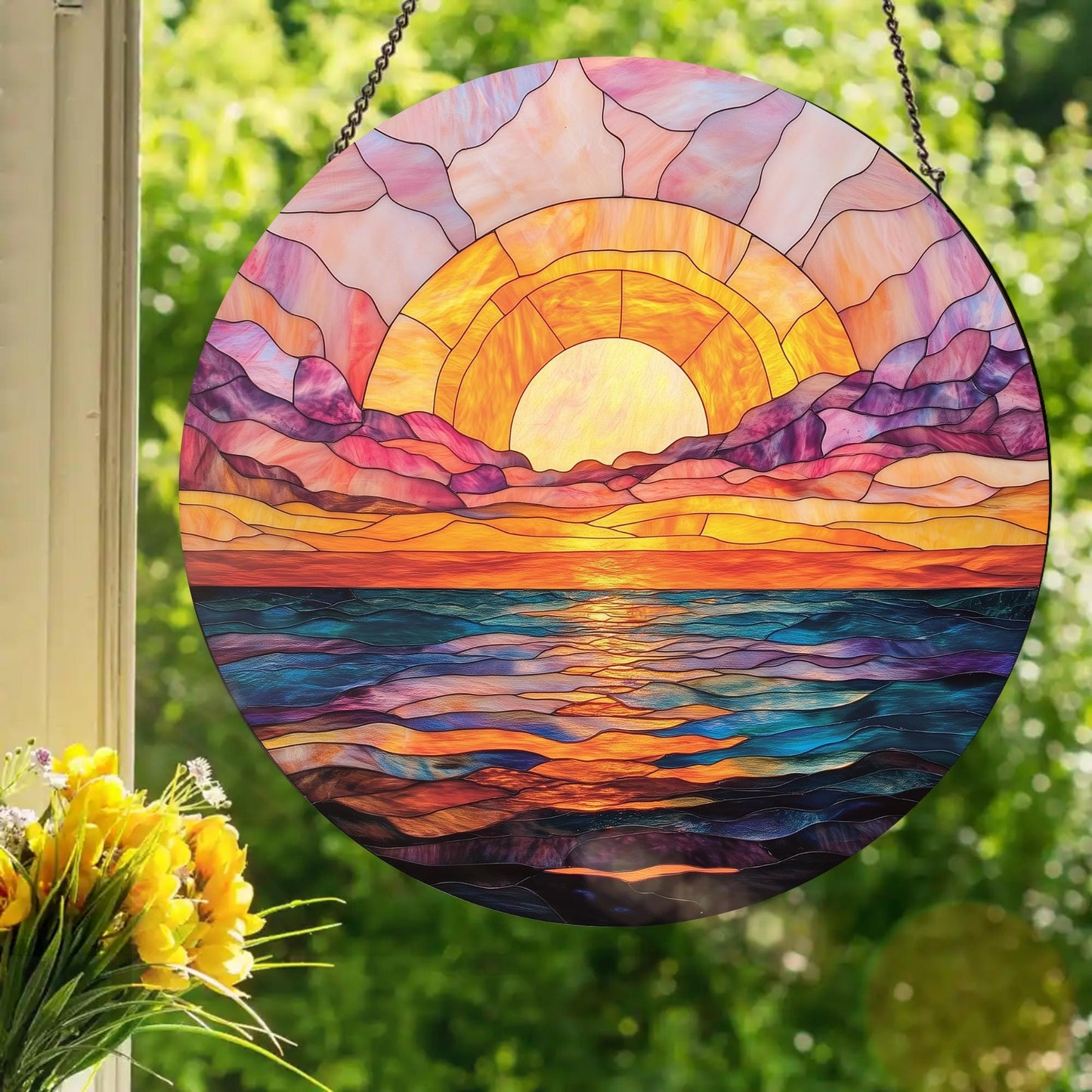 Ocean Sunset: Stained Glass Style Window Hanging