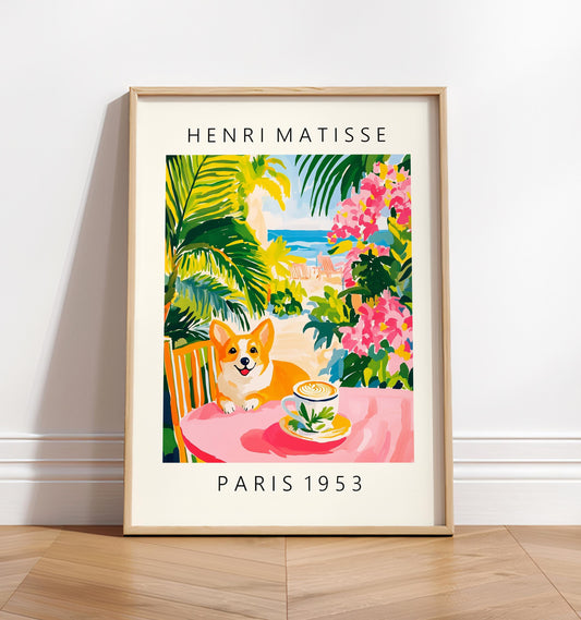 Corgi Coffee Print: Matisse Style Pink Kitchen Art