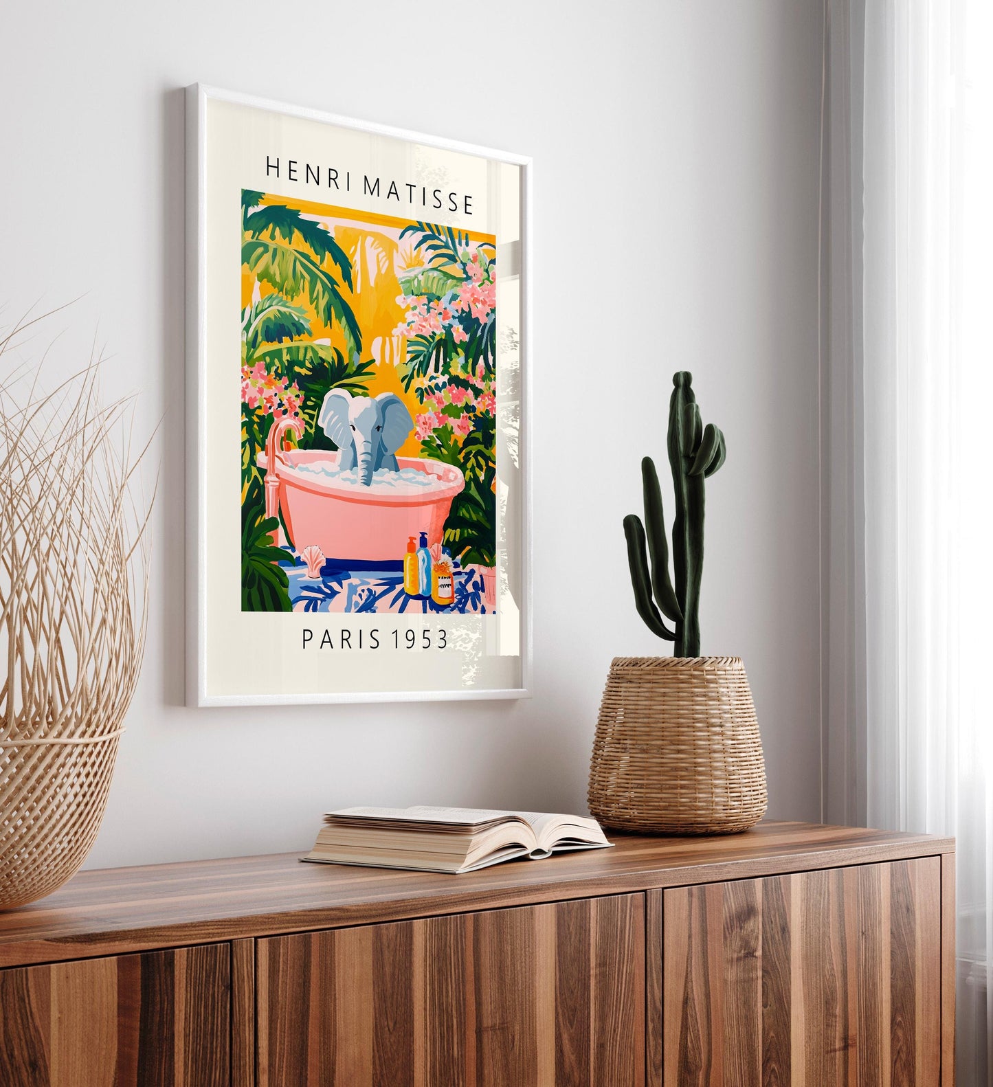 Elephant in Bathtub Art Print: Tropical Matisse Style Bathroom Decor