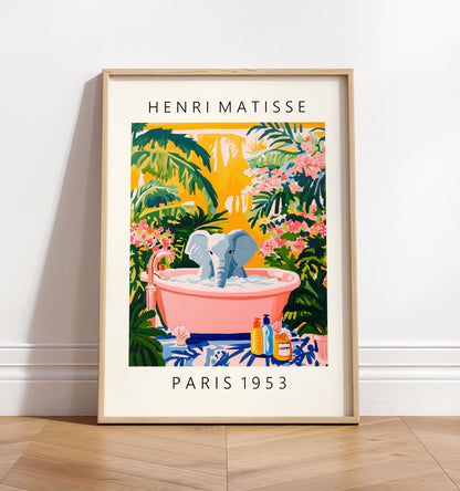 Elephant in Bathtub Art Print: Tropical Matisse Style Bathroom Decor