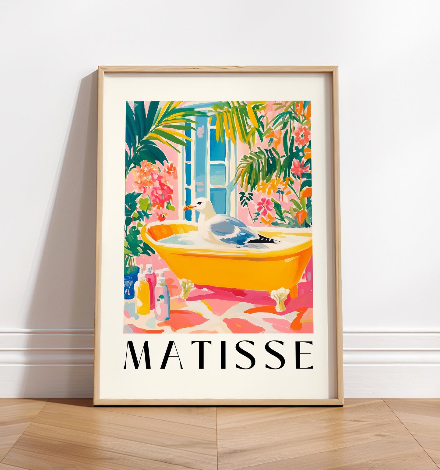 Seagull in Bathtub Art Print: Funny Matisse Style Bathroom Decor