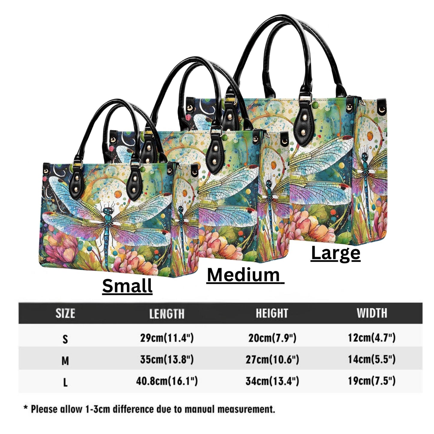 Watercolor Dragonfly Handbag. Colorful Handbag, Waterproof PU Leather Handbag, Top Handle Vegan Leather, Crossbody, Shoulder bag.