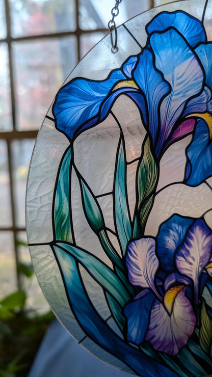 Blue Iris: Stained Glass Style Window Hanging