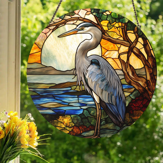 Blue Heron: Stained Glass Style Window Hanging