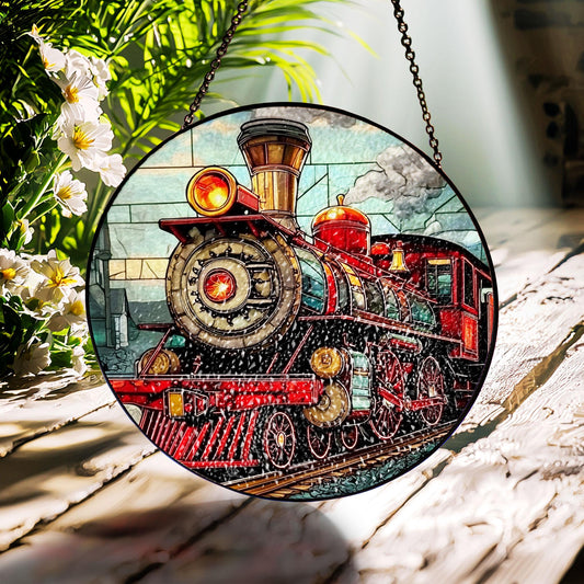 Vintage Train Stained Glass Suncatcher, Train Collector Gift, Model Train Glass Ornament, Gift for Railroad Workers, Gift for Train Drivers